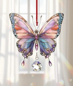 Acrylic 2D Flat Pink Butterfly Ornament, Fairycore Crystal Suncatcher, Pastel Window Hanging, Sparkling Decor, Gift for Her, Spring Art