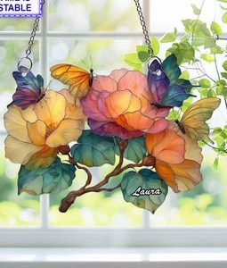 Monarch Butterfly and Flower Acrylic Window Hanging Ornament – Pink Blossoms with Orange Butterflies, Acrylic Stained Glass Style Suncatcher