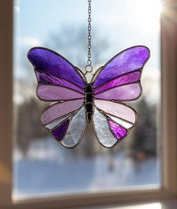 Purple Butterfly Stained Glass Suncatcher Window Hanging - Nature Inspired Cottagecore Decor Gift For Her And Home