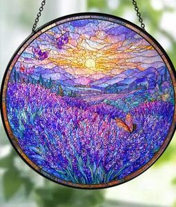 Lavender Field Stained Glass Suncatcher: Butterfly Sunset Window Art