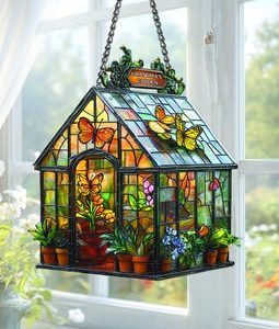 Stained Glass Greenhouse Window Hanging Decoration Butterfly Garden House Ornament Grandma’s Garden Suncatcher Gift for Women Mom