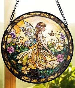 Fairy Stained Glass Suncatcher, Golden Garden Design, Enchanting Window Decor, Fantasy Floral Art, Gift for Nature Lovers and Dreamers