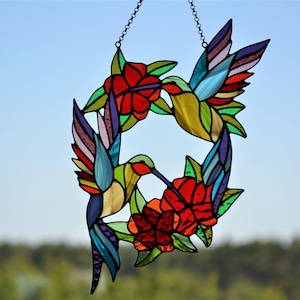 Stained glass suncatcher Hummingbirds and flowers wreath Mother’s Day Stain glass window hanging Wall decor Living room decor Custom glass
