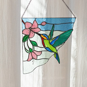Stained Glass Art Corner Hummingbird Flower Suncatcher Ornament Home House Decor Window Wall Decoration Boho Nature Art Picture