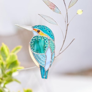 Stained Glass Kingfisher Suncatcher: Bird Window Hanging, Unique Home Decor, Gift for Mom