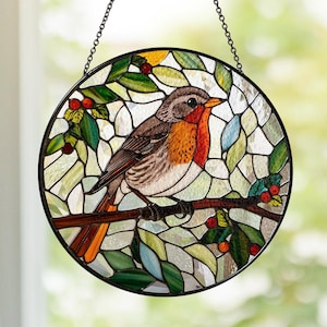 Robin Bird Stained Glass Suncatcher, Michigan Bird Flower Natural Art, Anniversary Gift Birthday Gift For Mom Grandma Gardening Lover Gift