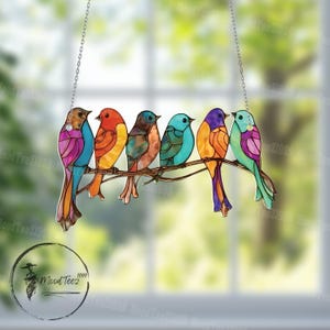 Colorful Birds Acrylic Window Hanging: Fax Stained Glass Look, Bird Lover Gift