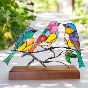 Stained glass birds House warming gift Modern stained glass panel Christmas gift Office desk accessories Custom stained glass office decor