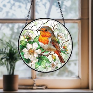 Robin Bird Stained Glass Suncatcher: Window Hanging Decor