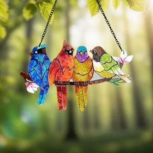 Stained Glass Birds Suncatcher, Four Colorful Birds on Branch Window Hanging, Handmade Glass Bird Ornament, Garden Home Decor Gift