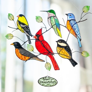 Christmas stained glass window hangings, Gifts for mom, Custom stained glass bird cardinal ornaments, Memorial suncatcher