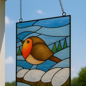 Robin Bird Stained Glass Suncatcher Window Hanging Home Decor