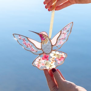 Hummingbird Stained Glass Window Hangings Valentines Day Gift Pressed Flower Art Custom Stained Glass Hummingbird Suncatcher Gifts For Mom