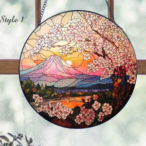 Cherry Blossom Stained Glass Suncatcher, Cherry Blossom and Mountain Window Hanging Decor, Sakura Flower Glass, Cherry Blossom Lover Gift