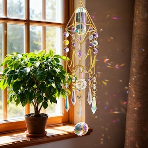 Stained Glass Sun Catcher, Crystal Prism Sun Catcher, Prism Rainbow Maker, Geometric Sun Catcher with Quartz Crystals, Healing Crystal Decor