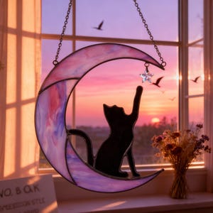Stained Glass Moon Cat Suncatcher, Celestial Window Hanging
